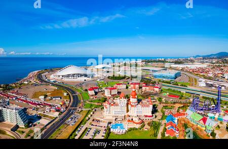 Sochi, Russia - October 04, 2020: Bogatyr castle - hotel and congress center complex aerial panoramic view in Sochi Theme Park in Sochi resort city in Stock Photo