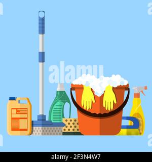 Cleaning set. MOP, sponge, blue plastic bucket Stock Vector