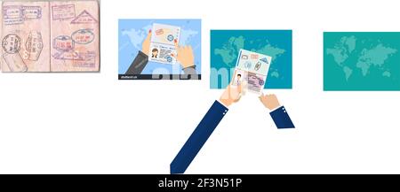 hand puts a stamp in the passport Stock Vector