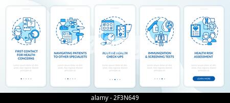 Family doctor tasks blue onboarding mobile app page screen with concepts Stock Vector