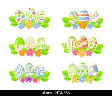 Collection of easter eggs decorative composion with flowers and eggs. Stock vector illustration in cartoon realistic style isolated on white Stock Vector