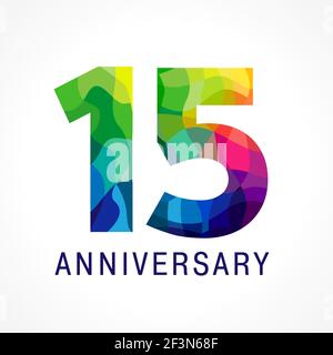 15 years old celebrating colored logo. Anniversary numbers 15 th. Fifteen bright facet congrats logotype. Greetings celebrates with 3D volume. Stained Stock Vector