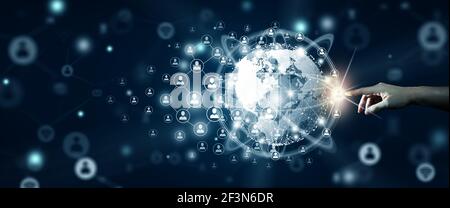 New global business connection concept. Businessman leading the global connection with connecting people orbit around the world. World map and connect Stock Photo
