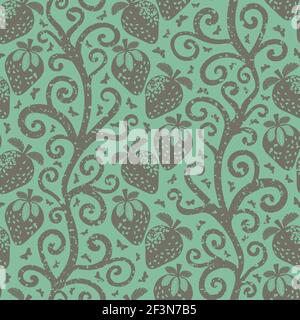 Strawberry linocut Indian Florals style seamless vector pattern background. Winding stems with berries and butterflies. Sage green design with aged Stock Vector
