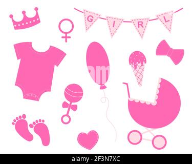 Baby girl shower set. Elements for greeting cards and invitations. Pink bunting with text Girl, crown, bodysuit, bib, footprint, pram, rattle, bow, balloon, ice cream, heart. Vector flat illustration. Stock Vector