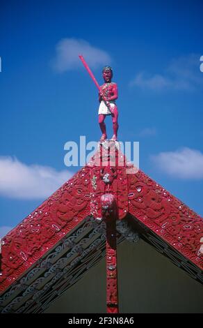 Maori Meeting Houses are often intricately carved. They are the location for many important community functions such as weddings and funerals. Stock Photo