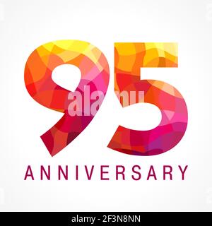 95 years old celebrating fiery logo. Anniversary year of 95 th. Facet congrats, creative numbers. Flaming greetings celebrates with 3D style. Stained- Stock Vector