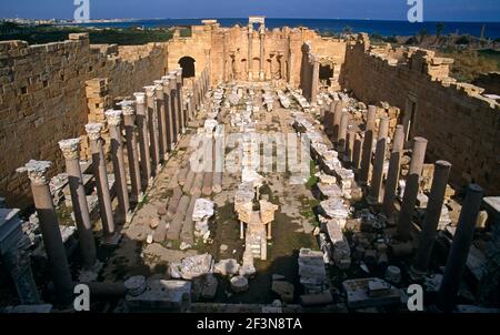 The UNESCO world heritage site and city of Leptis Magna was a prominent city of the Roman Empire and trading post and political stronghold in Africa. Stock Photo