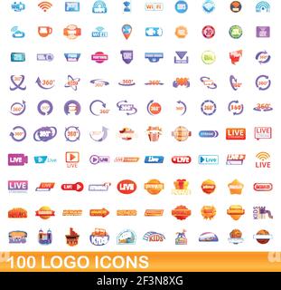 100 logo icons set. Cartoon illustration of 100 logo icons vector set isolated on white background Stock Vector