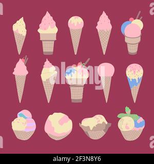Collection of 14 vector ice cream illustrations isolated with various colors. Stock Vector