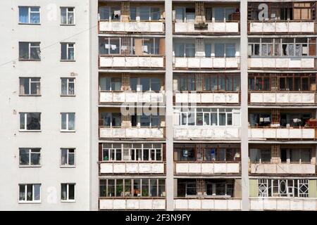 Russian housing in urban areas like Ekaterinburg is dominated by large apartment blocks often built with poor quality materials. Stock Photo