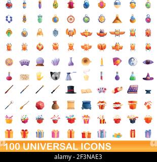 100 universal icons set. Cartoon illustration of 100 universal icons vector set isolated on white background Stock Vector