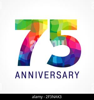 75 years old celebrating colored logo. Anniversary numbers 75 th. Shining facet congrats logotype. Greetings with 3D style. Stained-glass mosaic backg Stock Vector