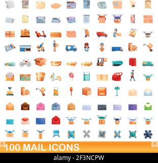 100 mail icons set. Cartoon illustration of 100 mail icons vector set isolated on white background Stock Vector