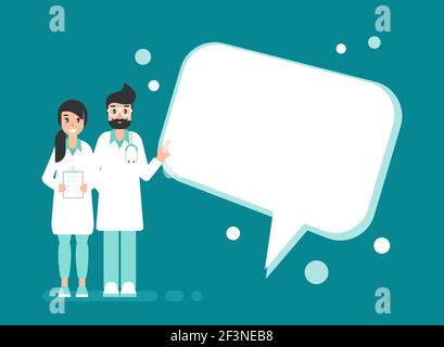 Doctors with big speech bubble on blue background. Medical internet consultation. Healthcare consulting web service. Hospital support online. Computer Stock Vector