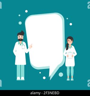 Doctors with big speech bubble on blue background. Medical internet consultation. Healthcare consulting web service. Hospital support online. Computer Stock Vector