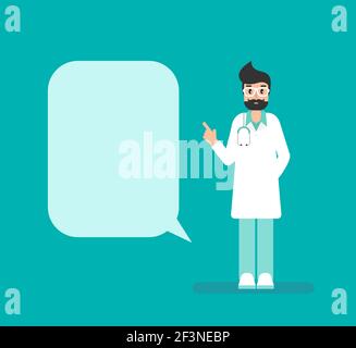 Man doctor with big speech bubble on blue background. Medical internet consultation. Healthcare consulting web service. Hospital support online. Compu Stock Vector