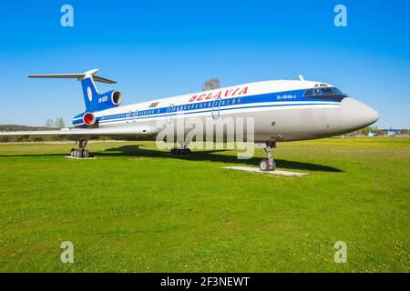 MINSK, BELARUS - MAY 05, 2016: Tupolev Tu-154 aircraft in the open air museum of old civil aviation near Minsk airport. The Tupolev Tu-134 is a three- Stock Photo