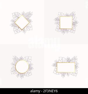 Monstera and Fern Tropical Leaves Blank Banners or Label Templates Collection. Abstract Foliage with Round and Square Golden Frames Set. Good for Stock Vector