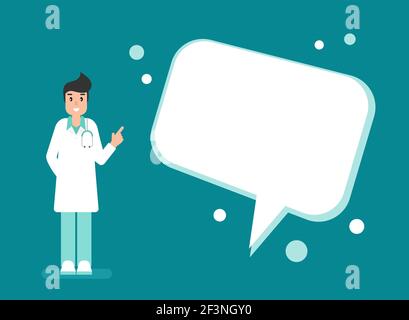 Man doctor with big speech bubble on blue background. Medical internet consultation. Healthcare consulting web service. Hospital support online. Compu Stock Vector