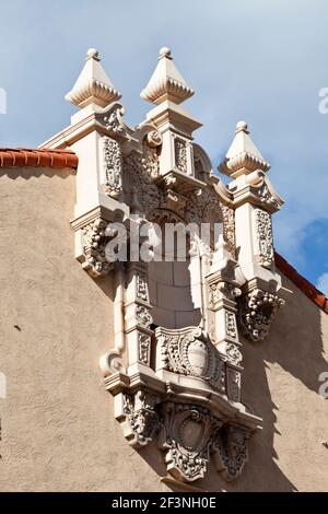 Facade detail of pediment and frieze on the Lensic theater, Santa Fe, New Mexico, USA. (Opened in 1931). Stock Photo