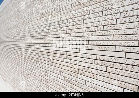 Wall with the names of the victims of the Siege of Sarajevo during te Bosnian war. Sarajevo, Bosnia and Herzegovina. Stock Photo