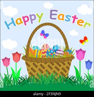 several colorful eggs and tulips in green grass Stock Vector