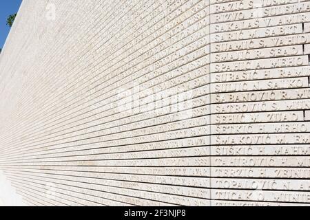 Wall with the names of the victims of the Siege of Sarajevo during te Bosnian war. Sarajevo, Bosnia and Herzegovina. Stock Photo