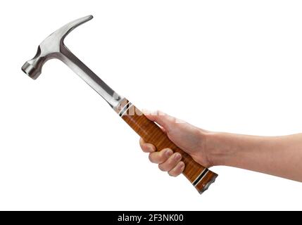 Womans Hand Holding Metal Hammer With Leather Handle Cut Out. Stock Photo