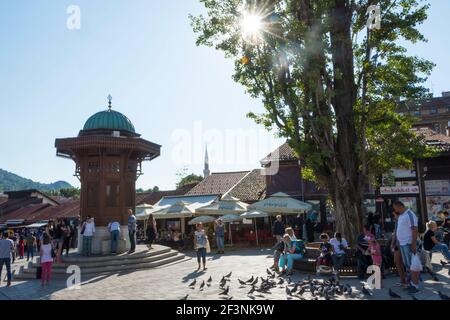 Sebilj fountain in Baščaršija, Sarajevo's old bazaar and the historical and cultural center of the city. Bosnia and Herzegovina. Stock Photo