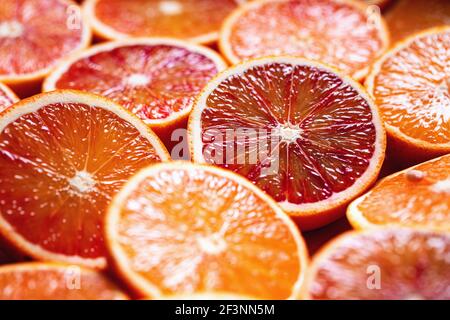 Sliced blood oranges, close up Stock Photo