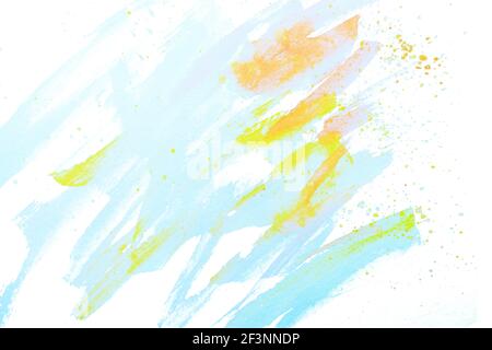 blue and yellow watercolor blot on white background, splashes and drops. Stock Photo