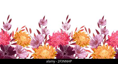 Art floral vector seamless pattern, border. Summer, autumn garden flowers, Stock Vector
