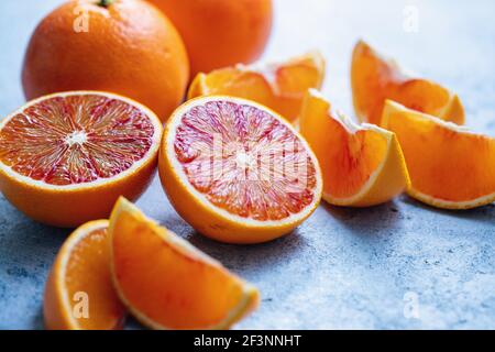 Sliced blood oranges, close up Stock Photo