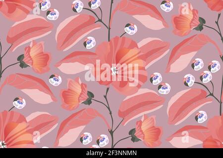 Art floral vector seamless pattern. Pink mallows, branches, leaves, blue berries. Stock Vector