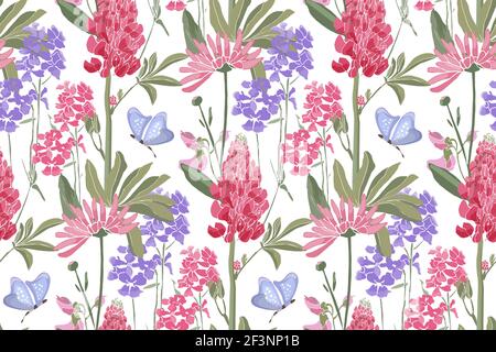 Vector floral seamless pattern. Spring flowers, green leaves, butterflies. Stock Vector
