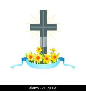 Easter cross with spring flowers Stock Vector