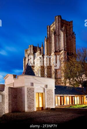 WELLS CATHEDRAL, Somerset. New entrance cloister and West Front at twilight. Stock Photo