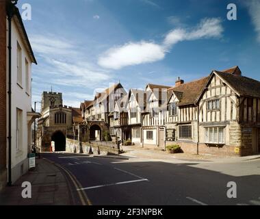 LORD LEYCESTER HOSPITAL, High Street, Warwick, Warwickshire. Exterior view of the timber framed buildings from the North East looking towards St James Stock Photo