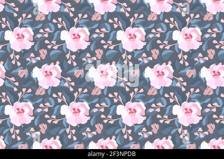 Art floral vector seamless pattern. Pink flowers, blue leaves. Stock Vector