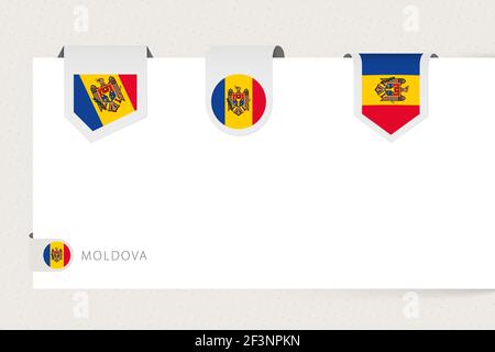 Label flag collection of Moldova in different shape. Ribbon flag template of Moldova hanging from paper or different surface. Stock Vector