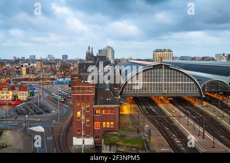 Amsterdam, Netherlands cityscape over looking  Amsterdam Centraal station. Stock Photo
