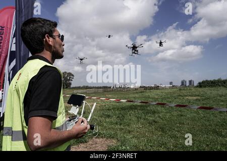 Hedera, Israel. 17th March, 2021. The Israel Innovation Authority (IIA), Ayalon Highways, Ministry of Transportation and Civil Aviation Authority jointly conduct a demonstration of the NAAMA project (Hebrew acronym for Urban Air Mobility) at stage one of eight in a two year plan to create a national mesh network of drones carrying payloads in a managed airspace implementing an autonomous control system operated at the Ayalon Highways Unmanned Aerial Systems Center in Haifa.
