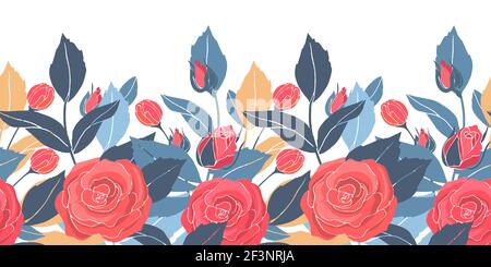 Art floral vector seamless pattern, border with red roses, yellow and blue leaves. Stock Vector