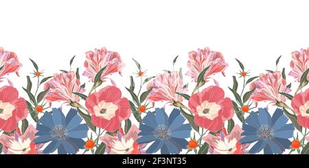 Vector floral seamless pattern, botder with cute blue and pink flowers. Stock Vector