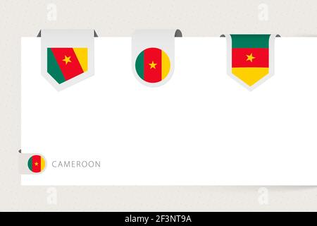 Label flag collection of Cameroon in different shape. Ribbon flag template of Cameroon hanging from paper or different surface. Stock Vector