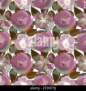 Vector floral seamless pattern. Plum-colored poppies, Ipomoea. Stock Vector