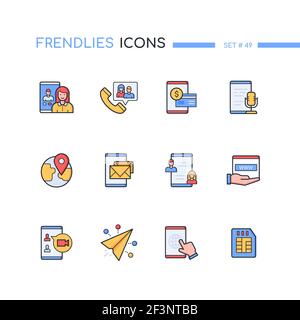 Mobile network - modern line design style icons set. Communication and technical support. Group and video calls, roaming, Internet, chat, voice messag Stock Vector