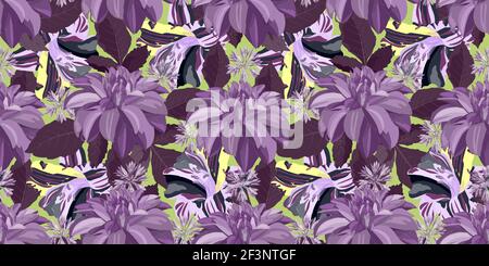 Vector floral seamless pattern with purple dahlia flowers and yellow lily flowers. Stock Vector