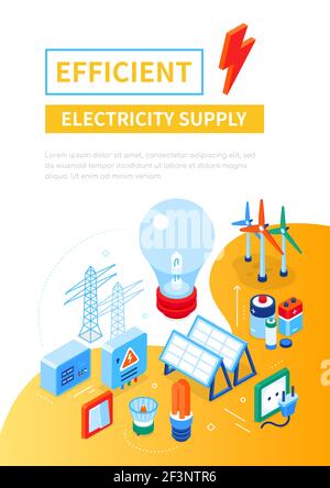 Efficient electricity supply - modern colorful isometric web banner with copy space for text. Energy saving, lighting equipment. Illustration with lig Stock Vector